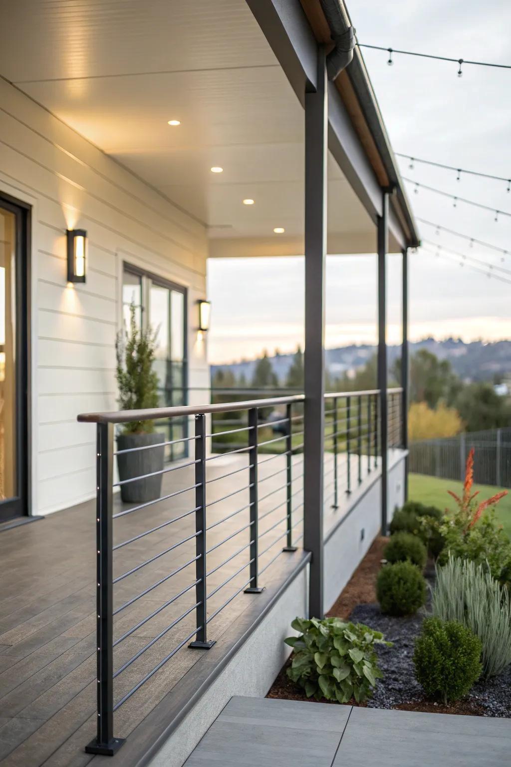 Sleek railings provide safety and style on this modern porch.