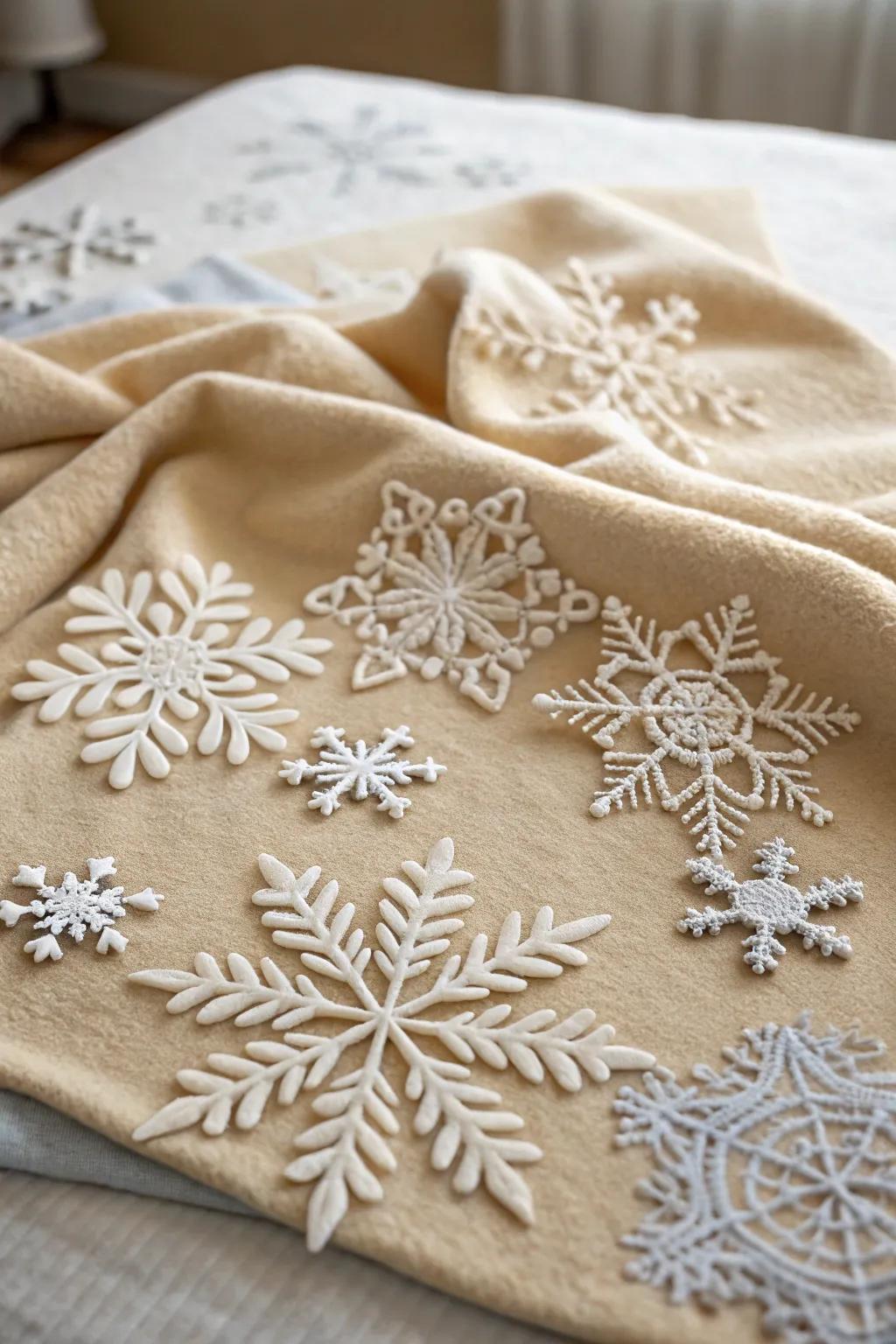 Textile snowflakes provide an enduring and cozy decoration choice.