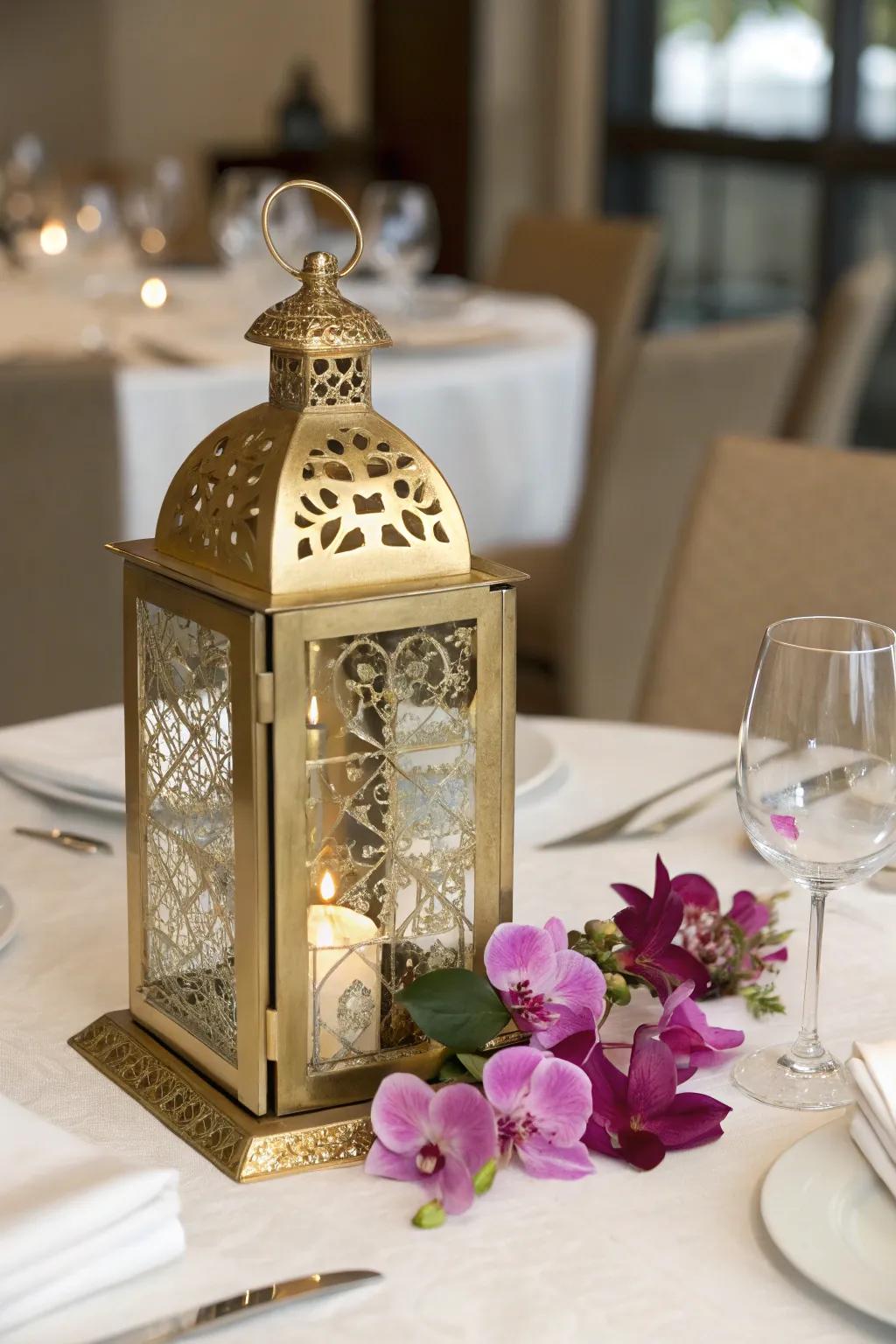 Glamorous gold lantern featuring a luxurious floral display.
