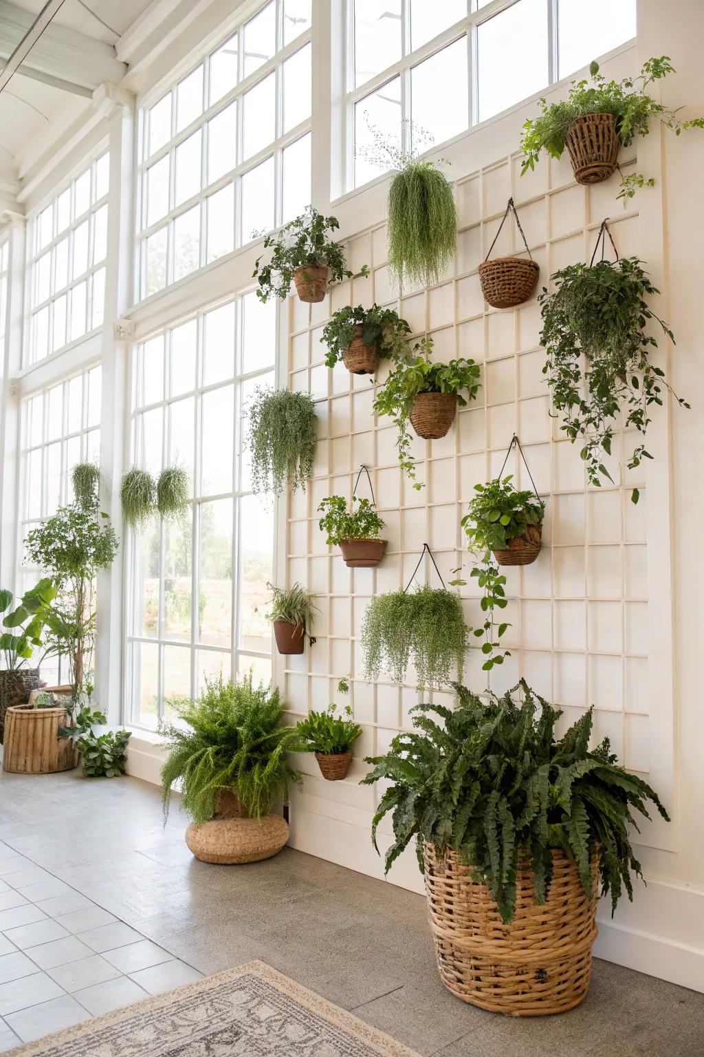 Hanging plants add life to walls.