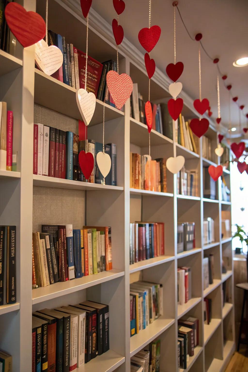 Bookshelves styled for Valentine's Day.