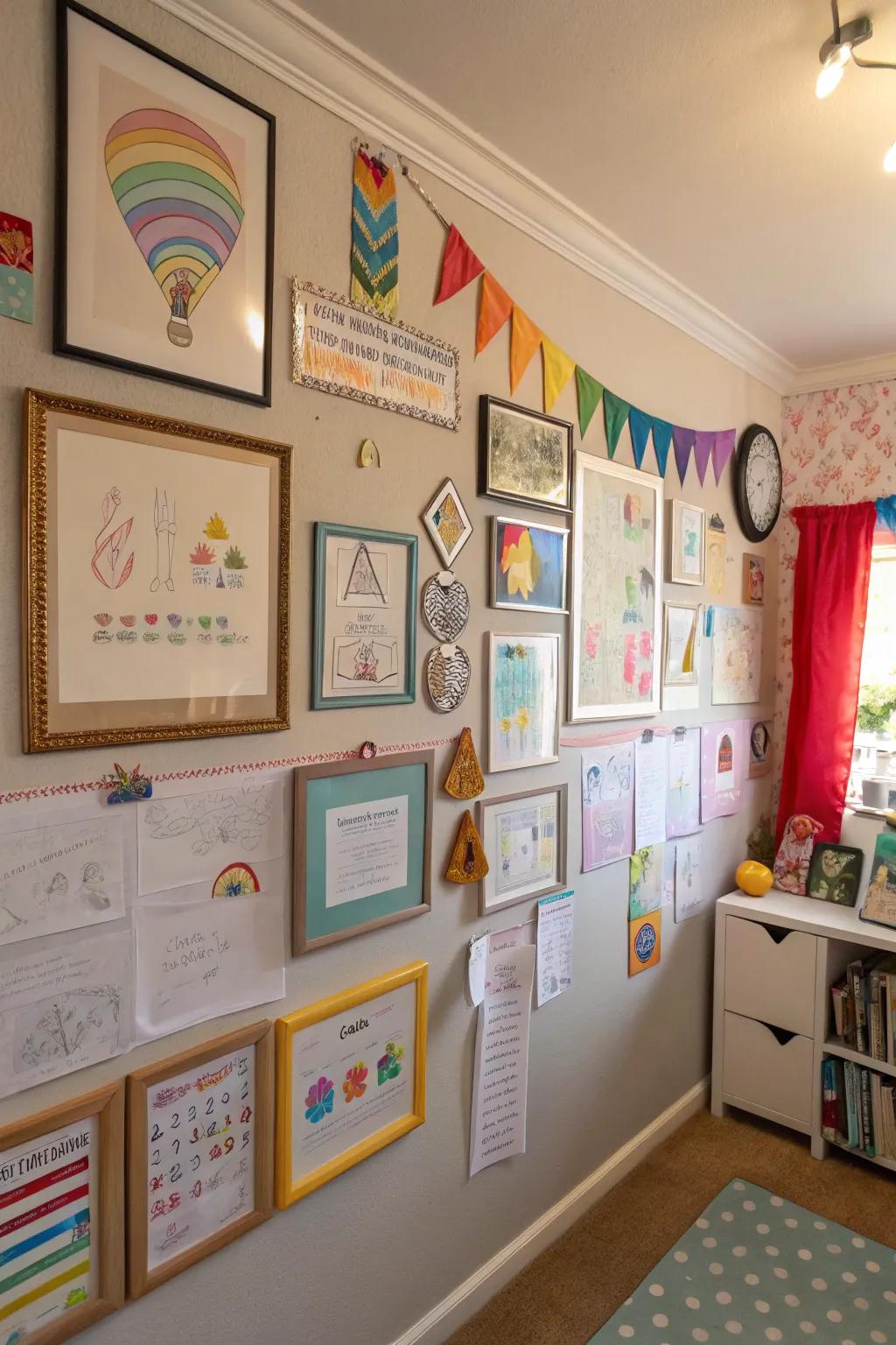 A display wall makes kids feel proud and keeps things in order.