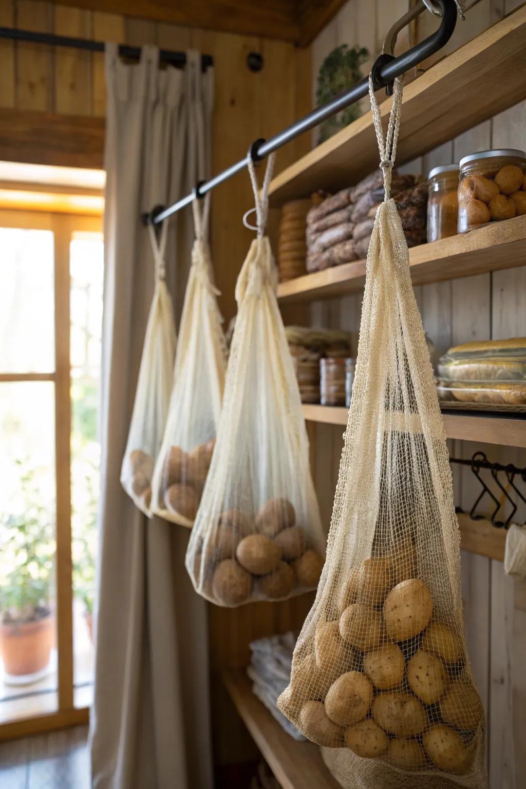 Reimagining window bars to hang veggie-filled mesh sacks.
