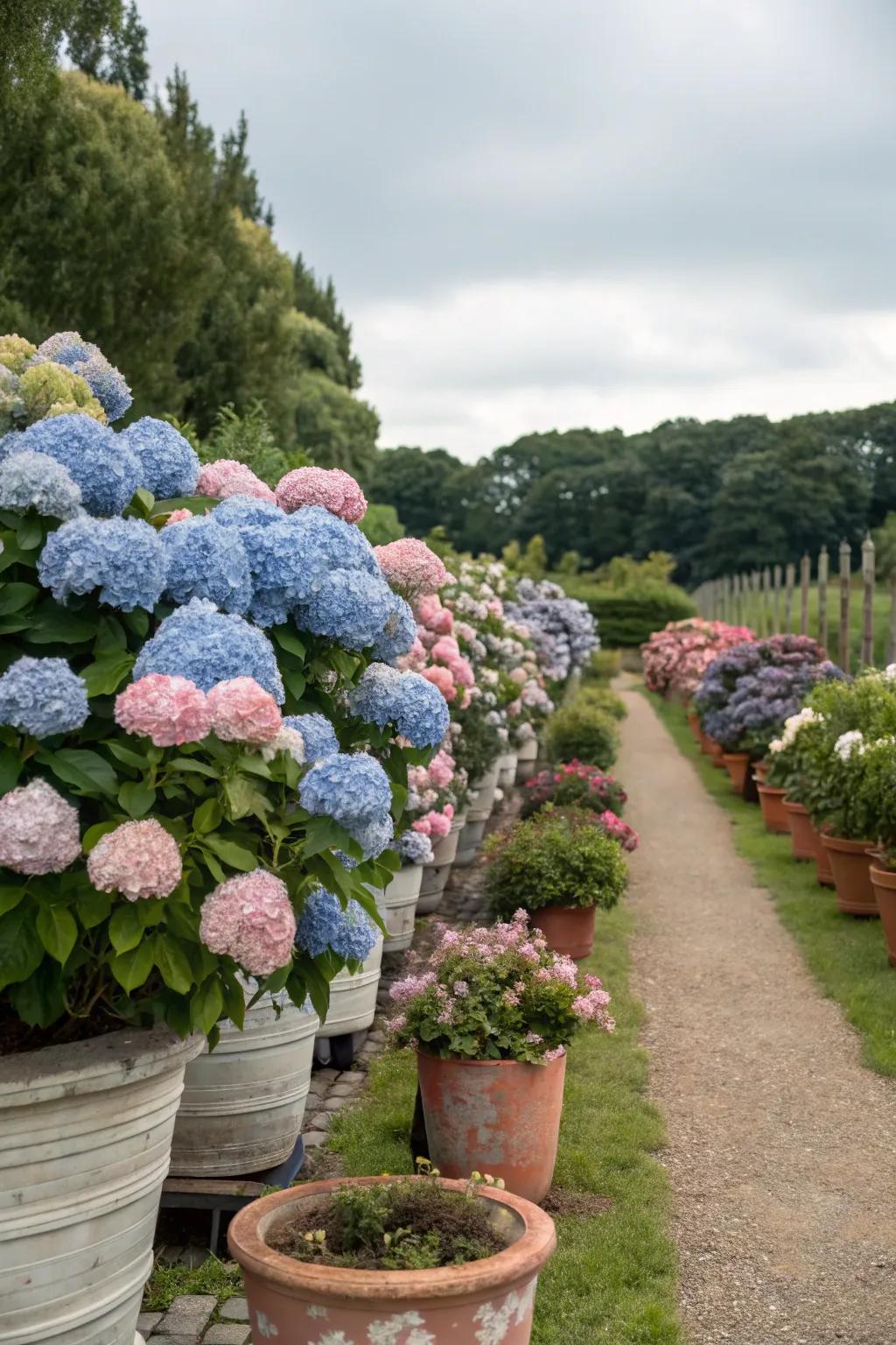 Graded arrangement of hydrangeas creating a dynamic garden display.