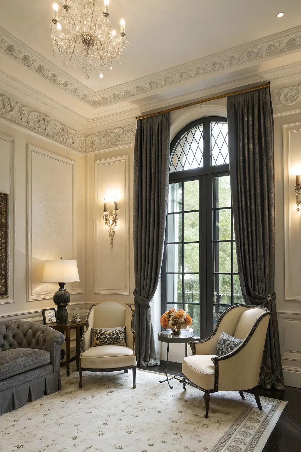 Charcoal frames contribute depth and sophistication.