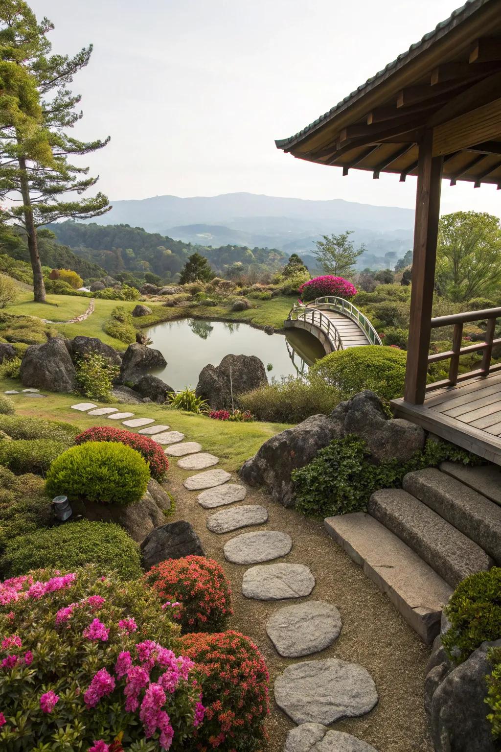 A viewing stage overlooking a Japanese garden landscape.