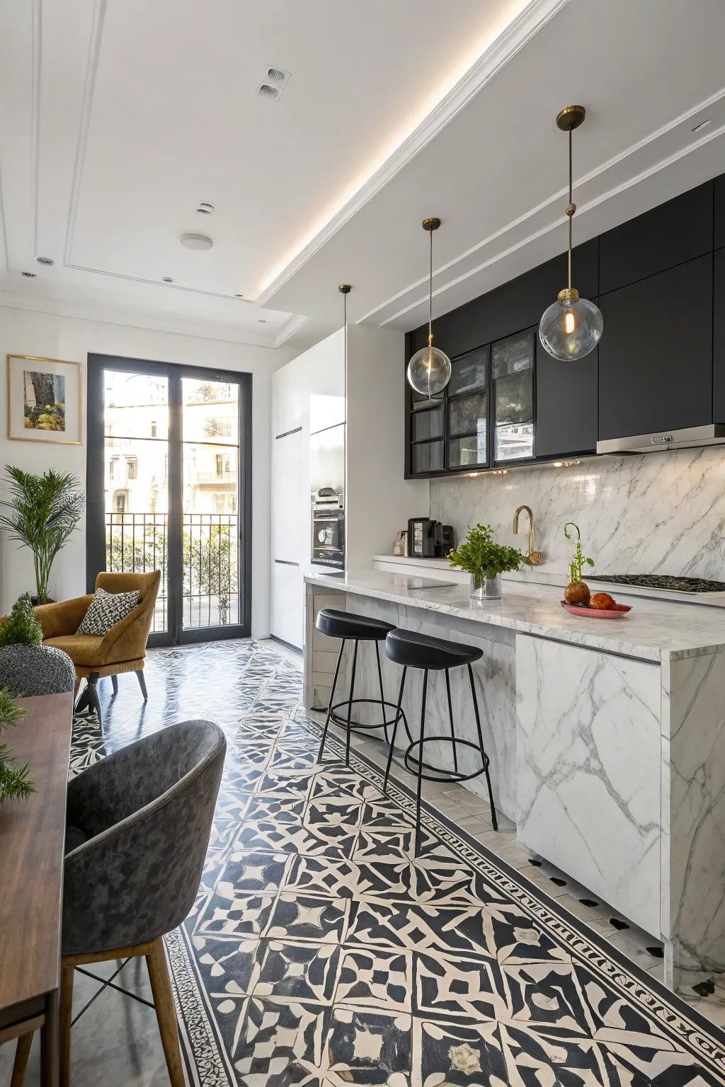 Bold patterns introduce drama to your kitchen's flooring.