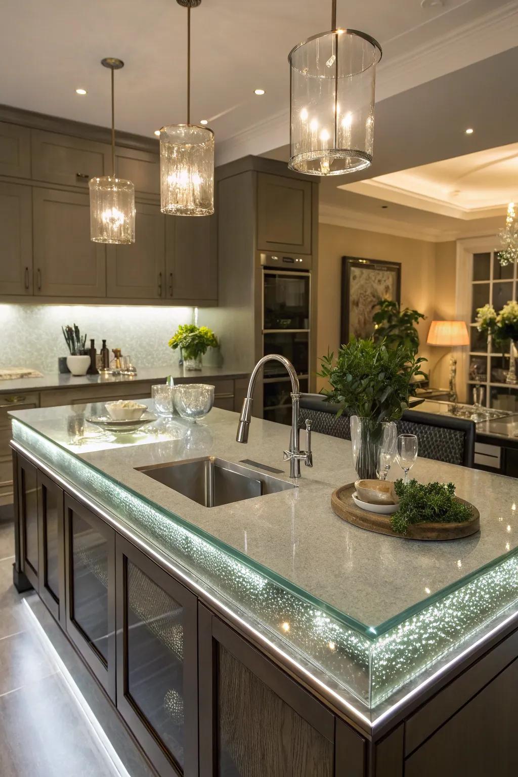 A chic kitchen island featuring glass and gloss elements for a sleek appearance.
