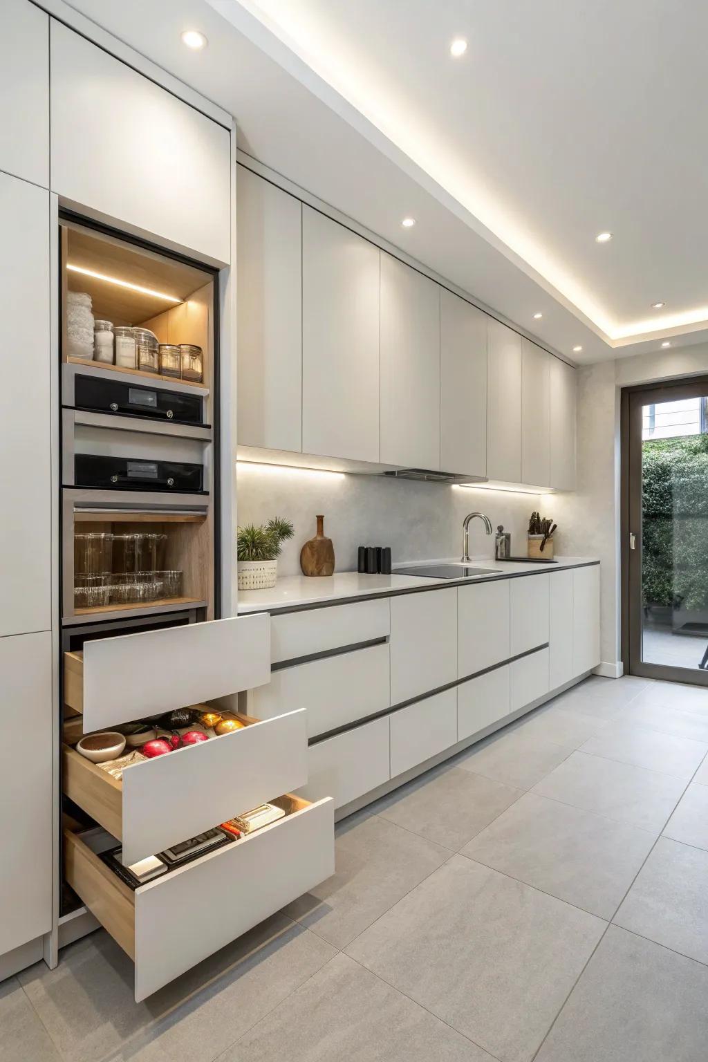 A kitchen exhibits hidden storage features for an uncluttered environment.