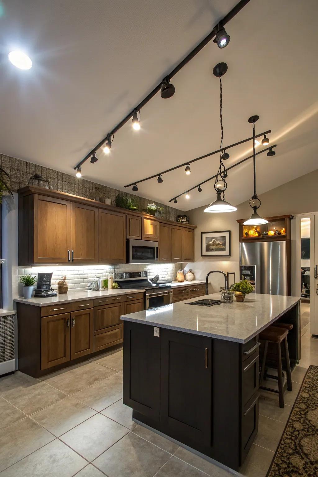 Revolutionize your kitchen through artistically angled rail illumination.