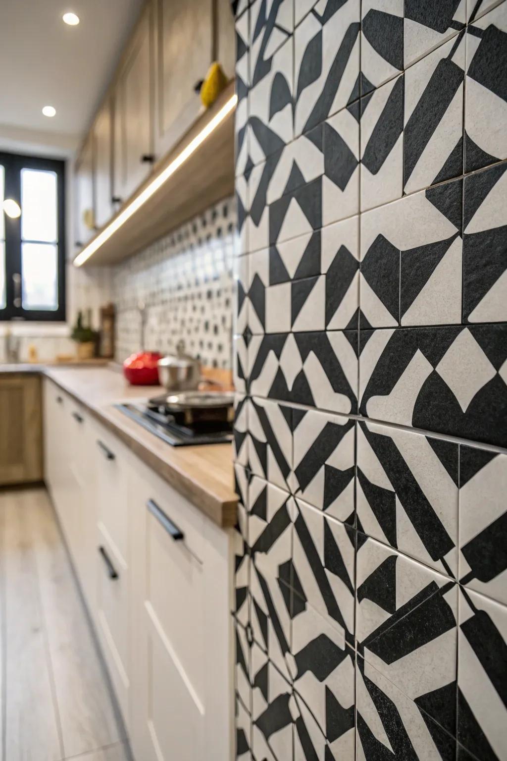 Bold black-and-white patterned tiles make a striking impression in this kitchen.