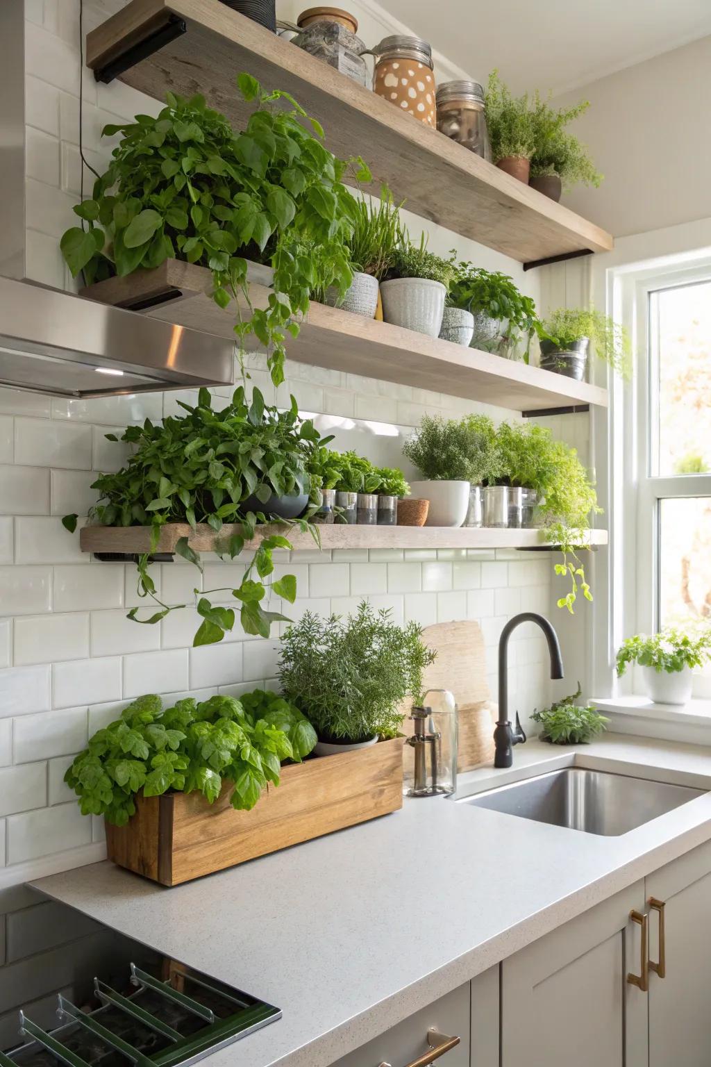 Create depth using floating greenery on sleek shelves.