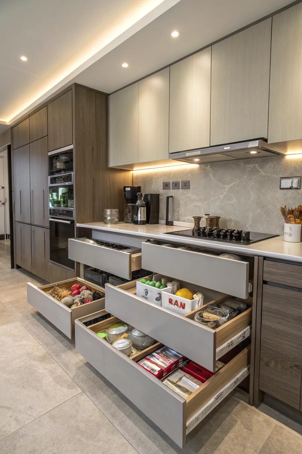 Concealed storage keeps a windowless kitchen tidy and organized.