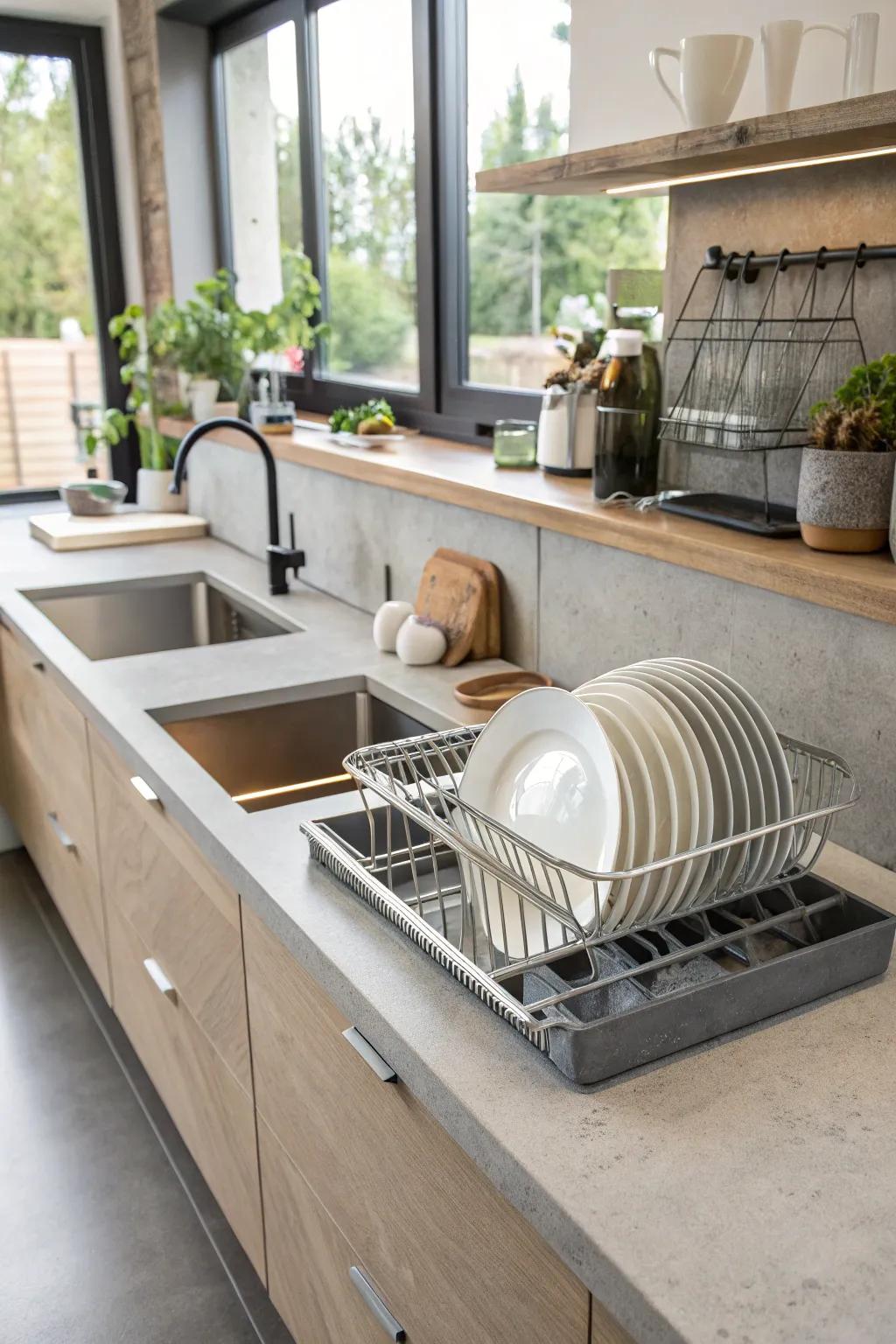 A cooking area with cement worktops featuring a practical embedded tableware drying rack.
