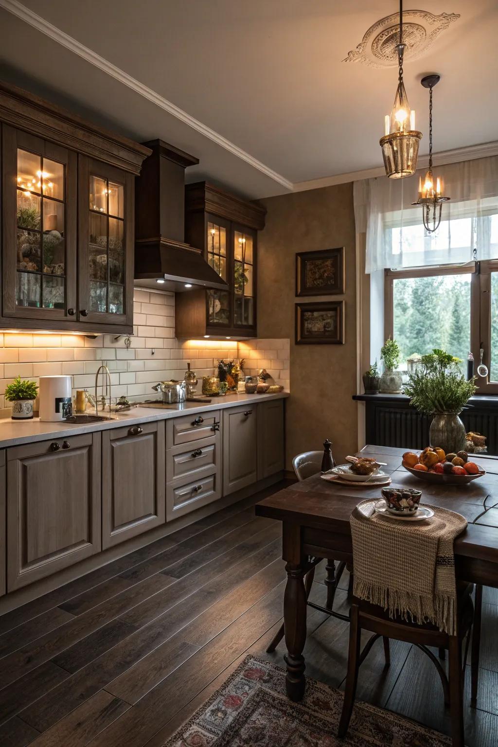 Terrestrial tones enhancing the warmth of this kitchen design featuring dark floors.