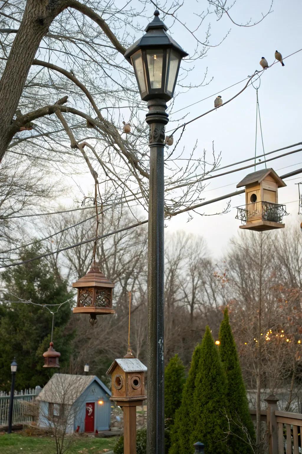 Avian-friendly elements attracting wildlife to a lamp post setting.
