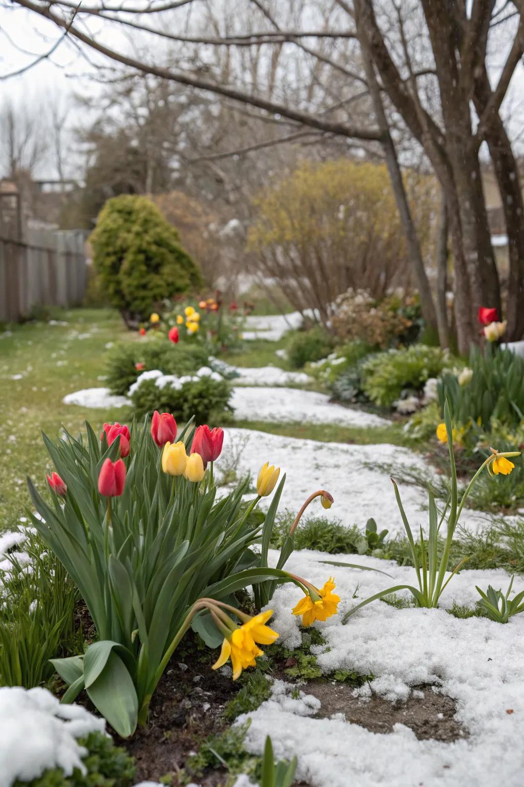 Bloomglows and sunshines denoting the transition from winter to spring in the garden.