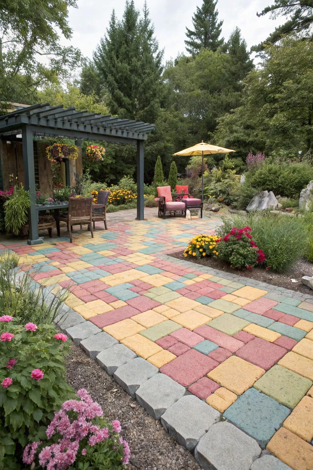 Vibrant paving stones inject vitality and individuality into this patio space.