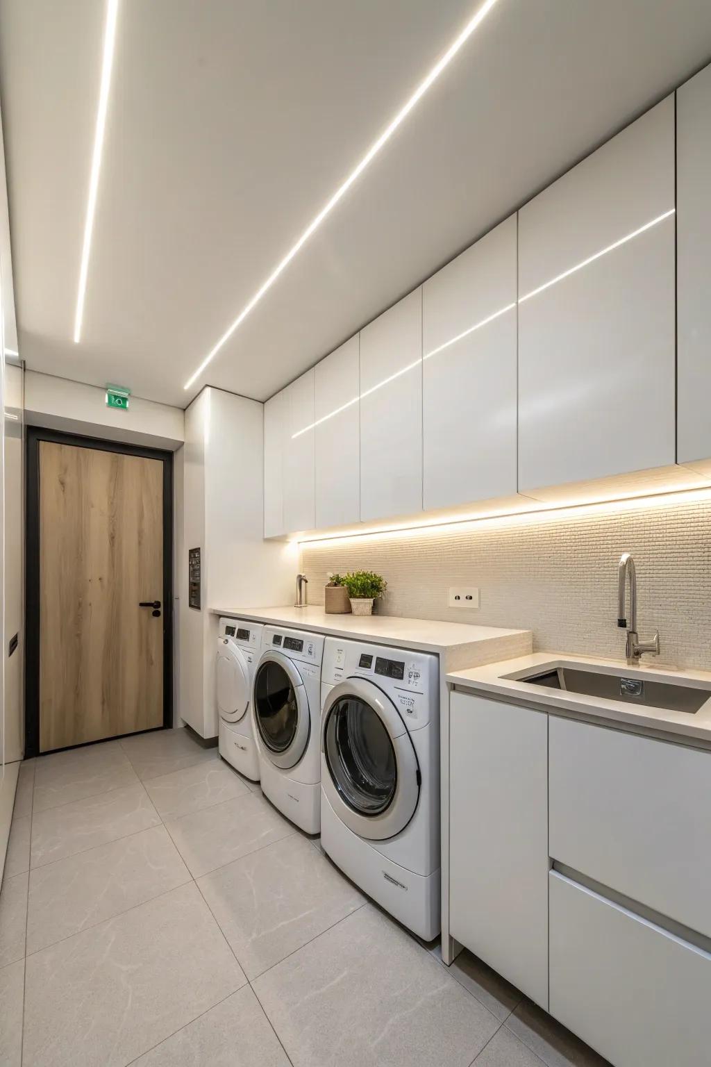 Minimalist strip illumination provides a clean and streamlined design.