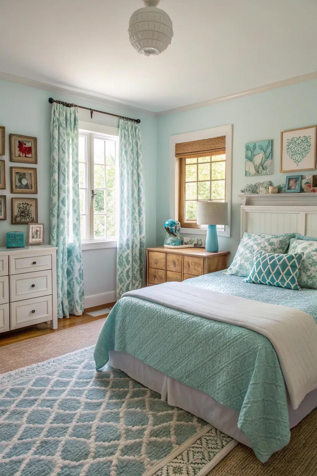 An eclectic sleeping quarter anchored by sky blue, which blends various styles into a unified expression.
