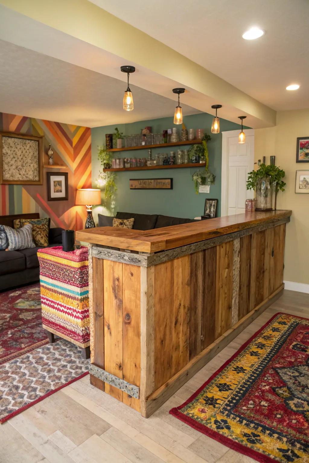 A live edge bar with vibrant tones adds a splash of color to the home.