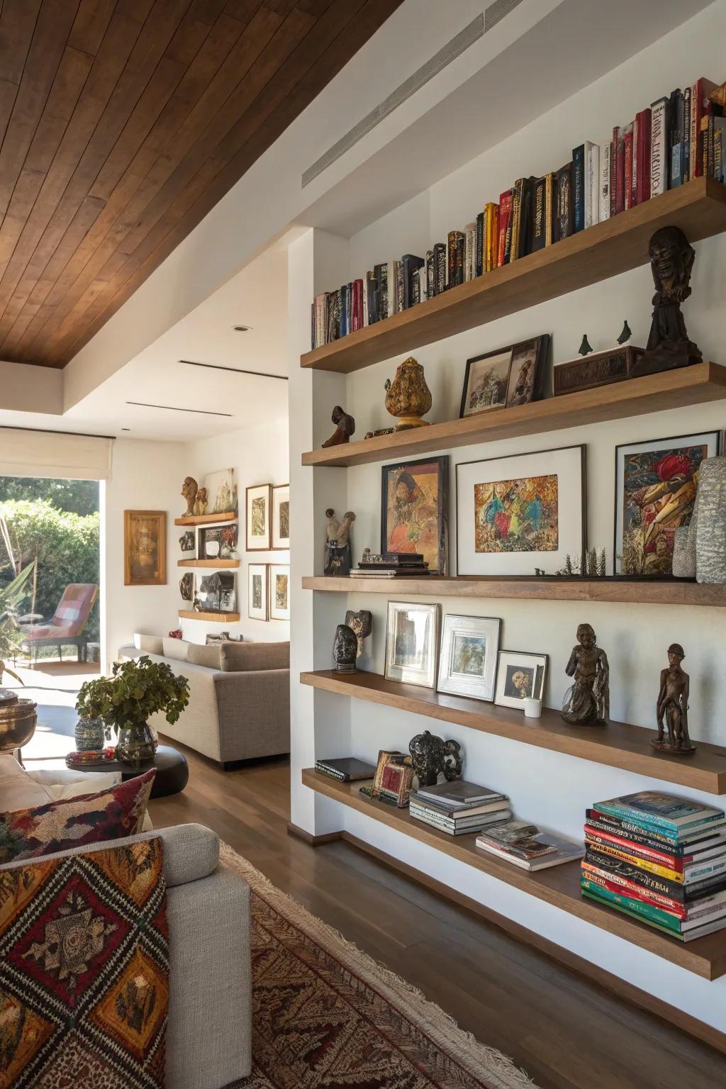 Create a floating gallery with art and decor on shelves.