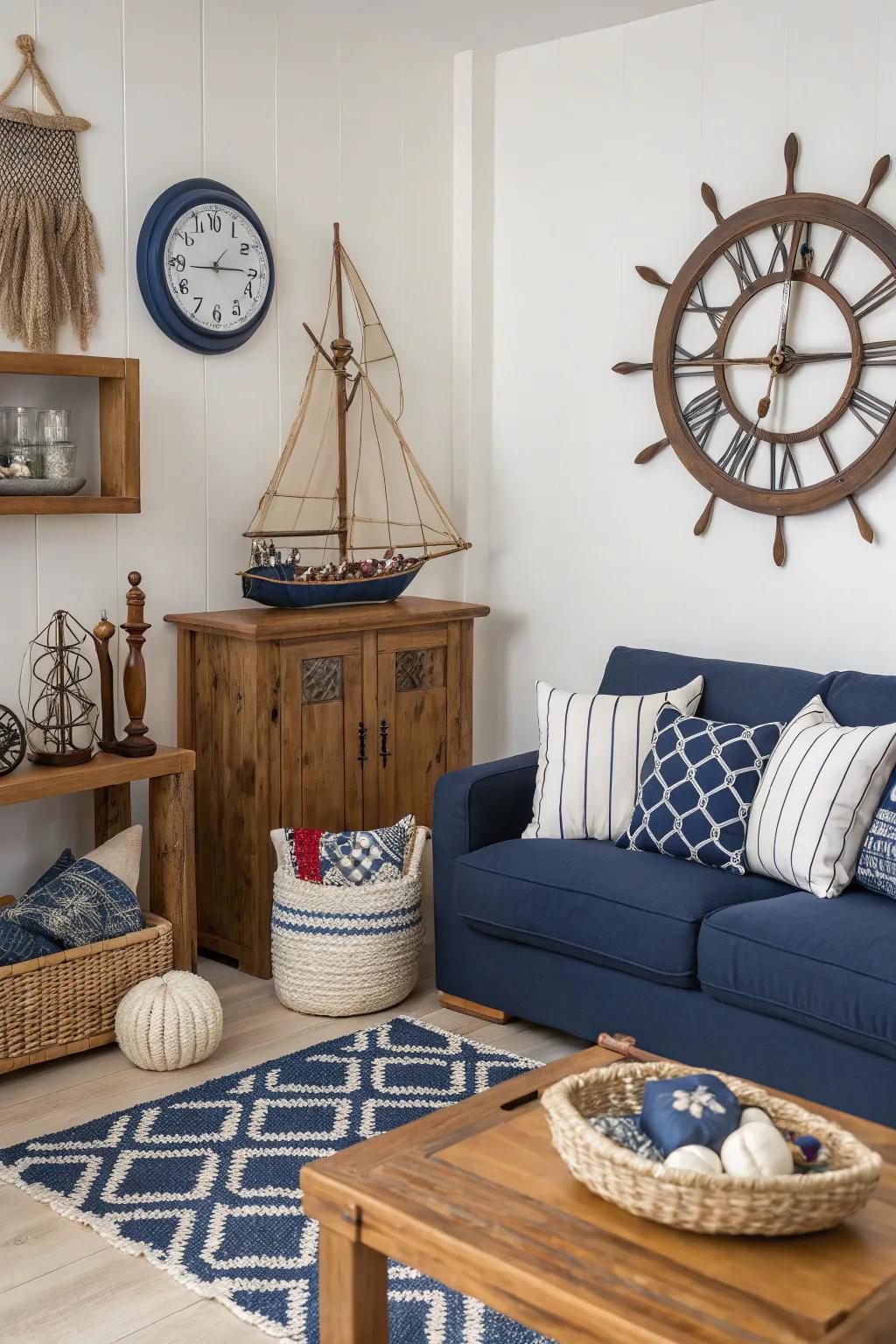 A theme-based decor with a wall clock creates a cohesive and inviting look.