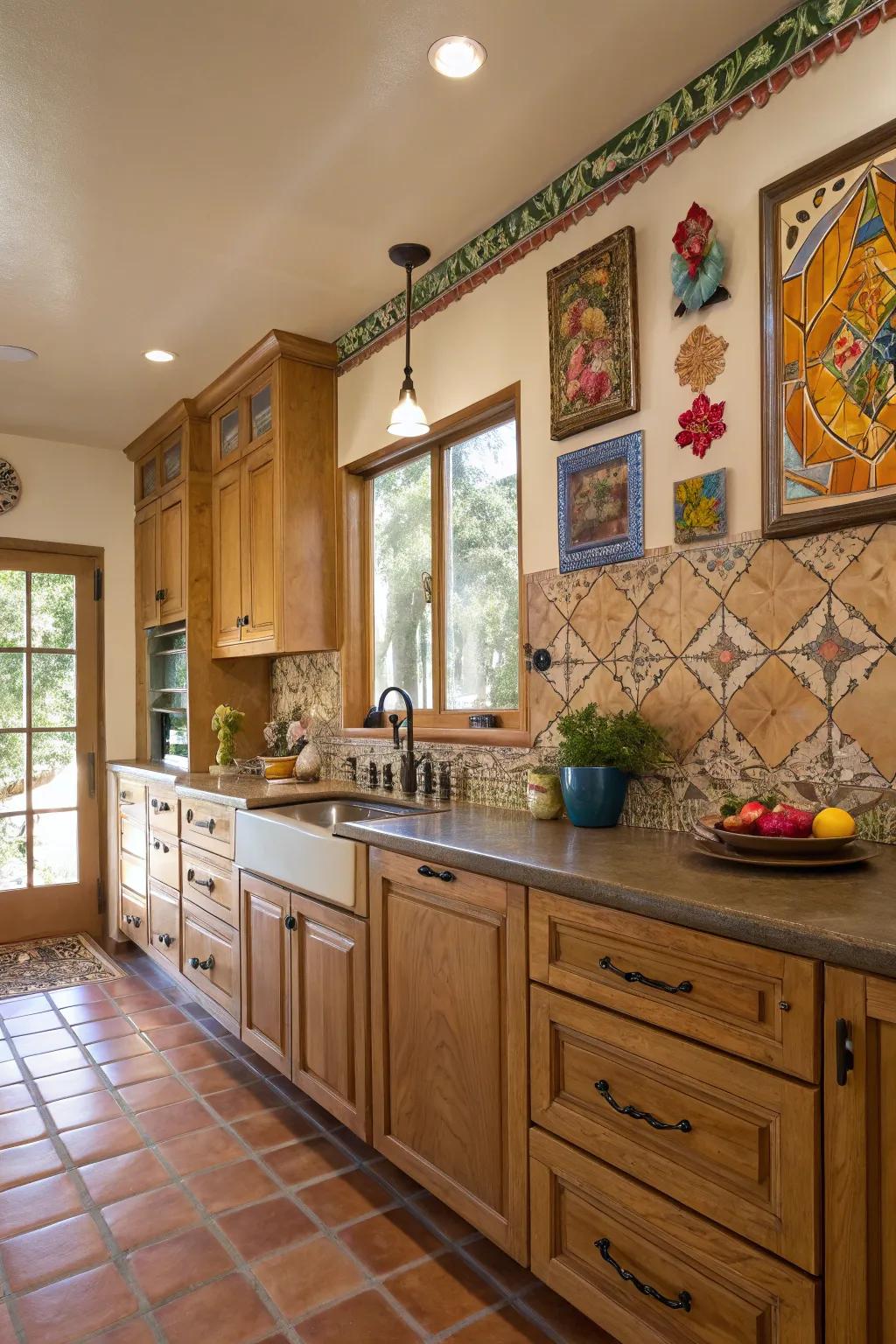 A creative kitchen with walnut cabinets and artistic elements for a personal touch.