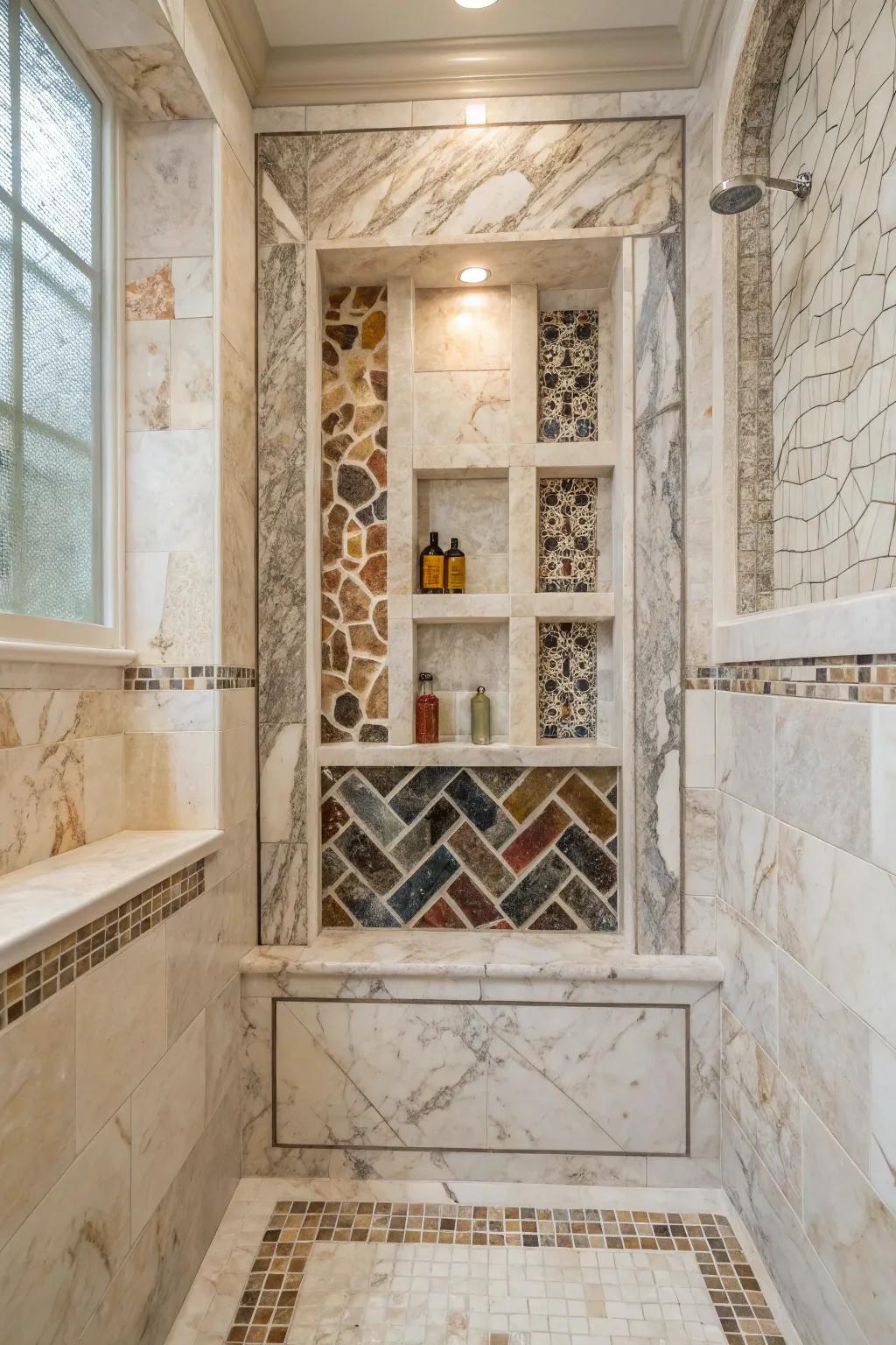 Mixing stone patterns contributes a playful touch to the recess.