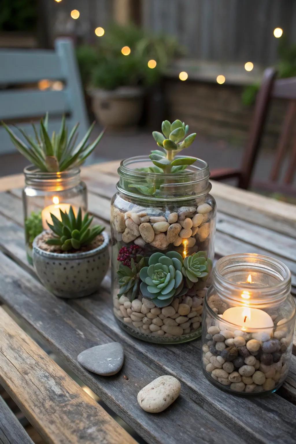 Earthy and tranquil through stone-accented glass containers.