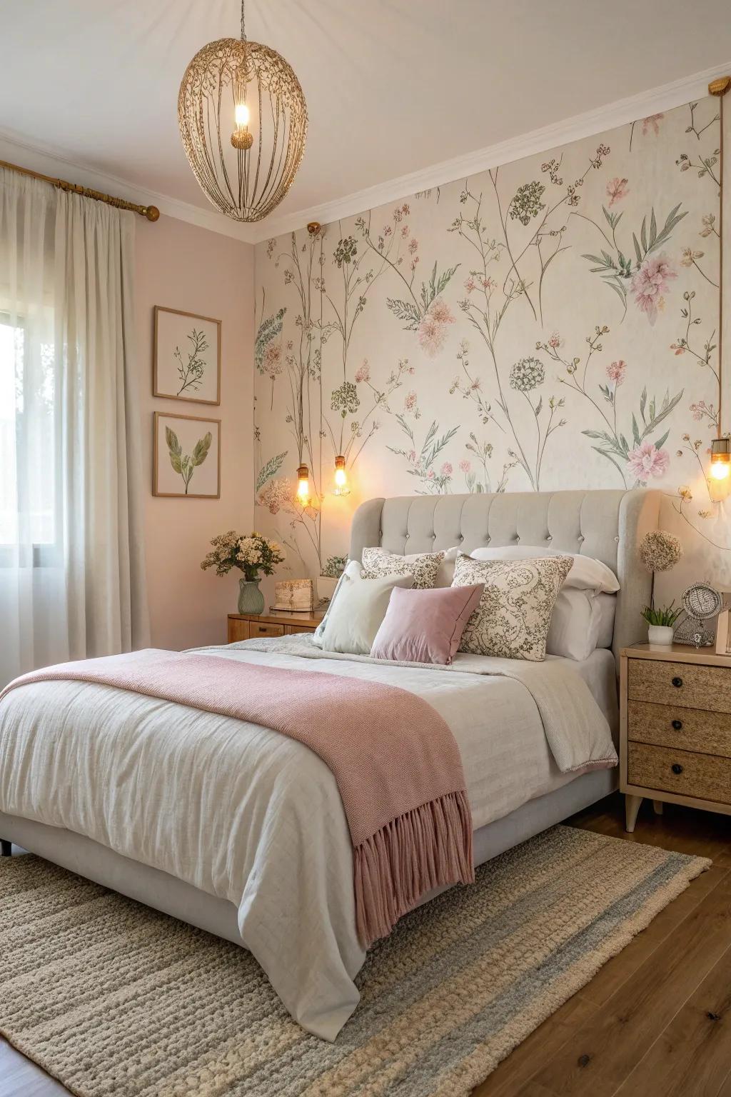 Light tone background wall covering creates a calming ambiance in a bedroom.