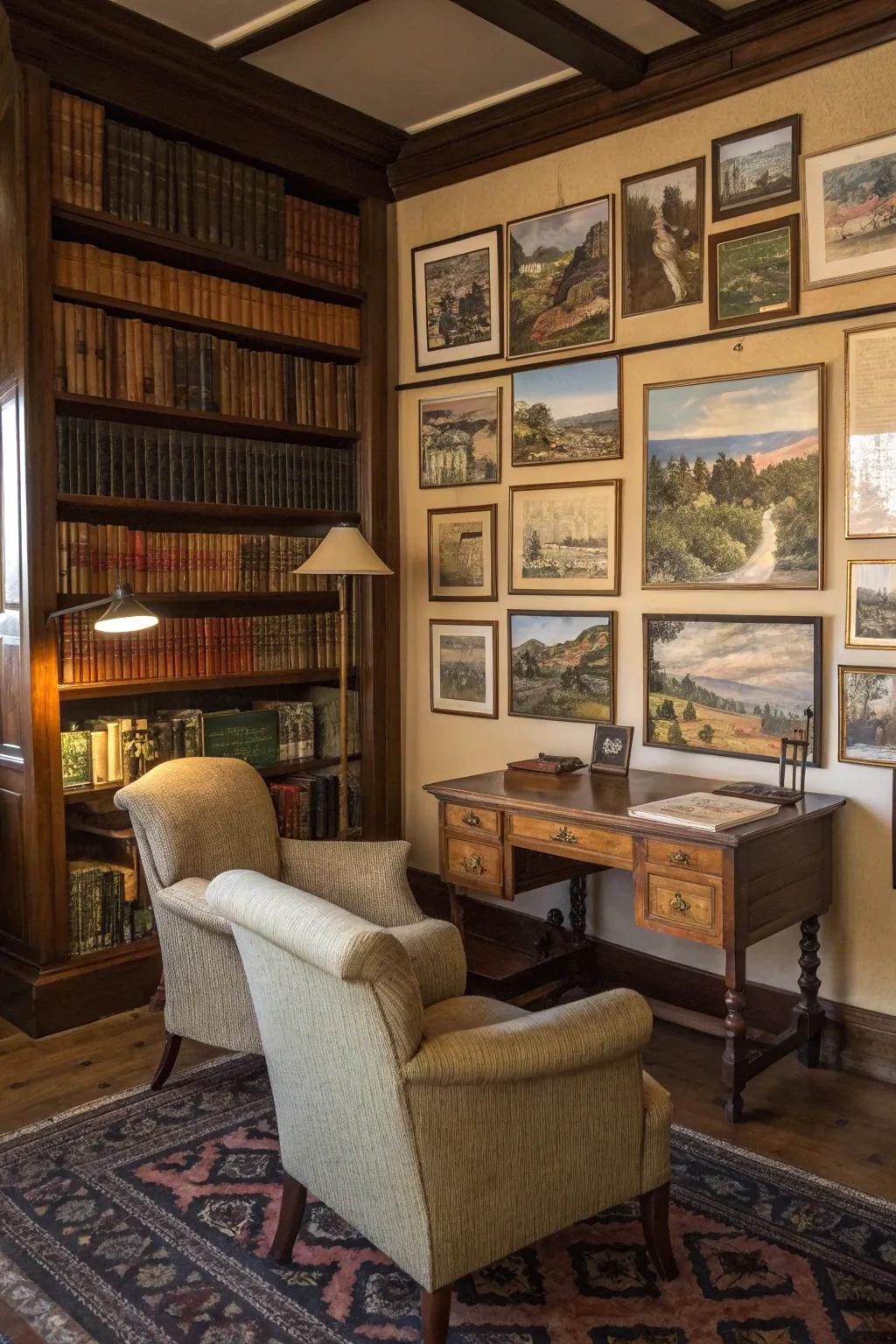 Aged postcards add whimsy to this maximalist study.