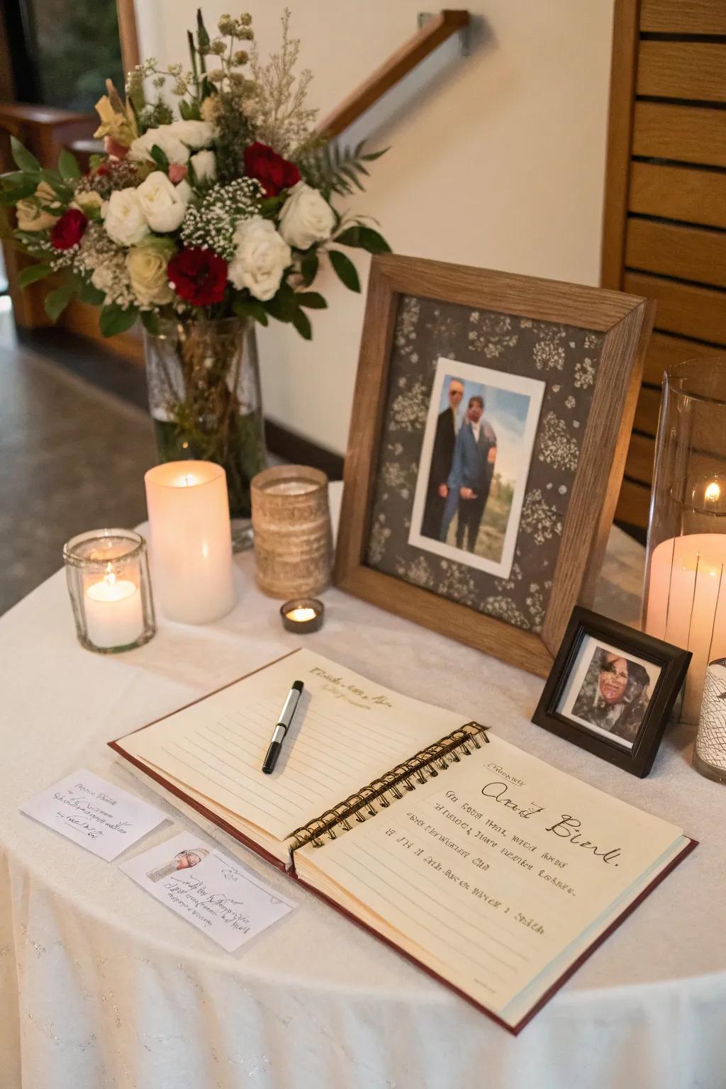 A guest log invites everyone to contribute their personal thoughts and memories.