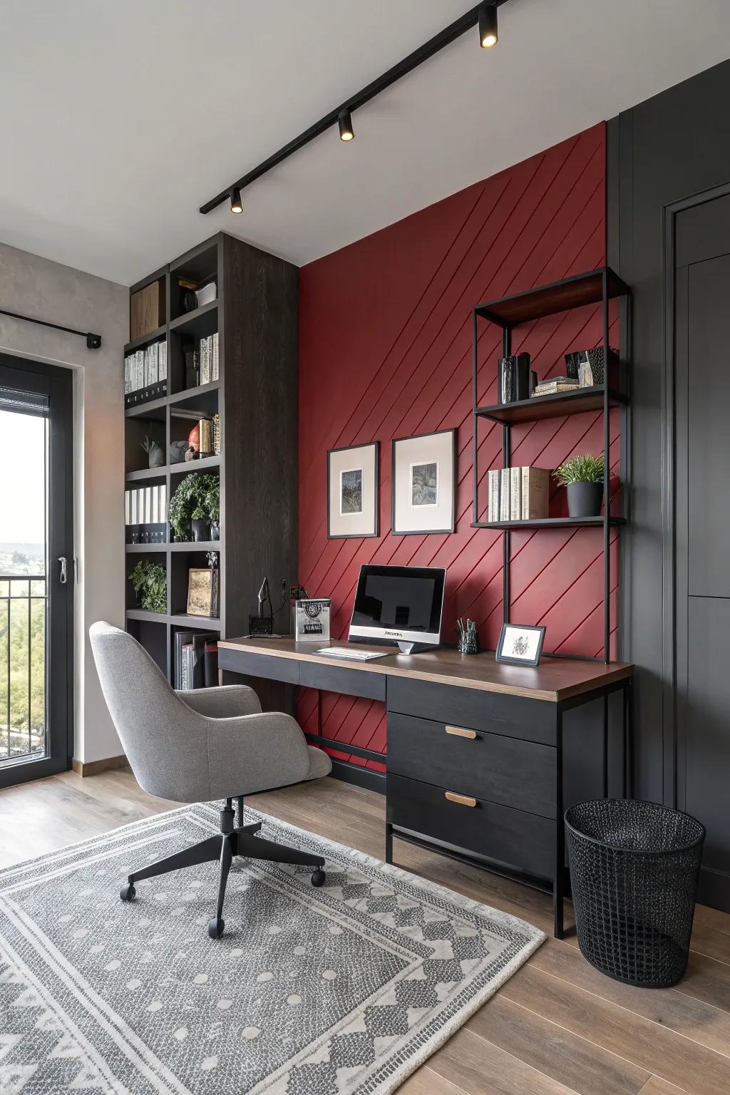 This home office features an accent wall that adds a burst of personality.