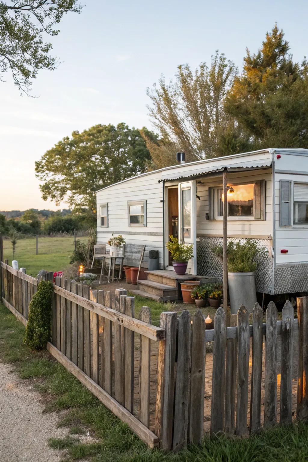 A reclaimed timber fence adding rustic charm to a mobile home.