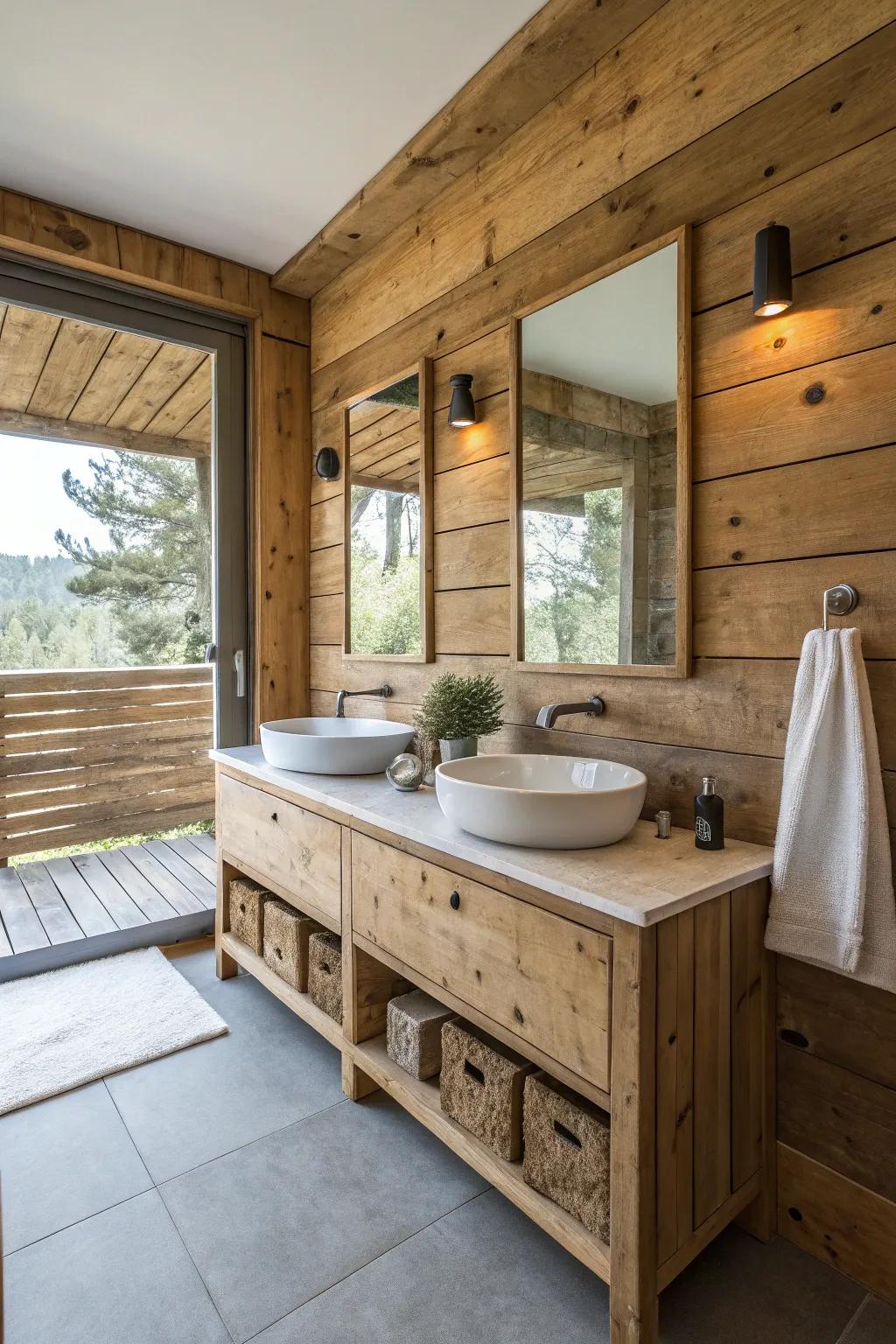 Repurposed materials infuse the bathroom with personality and sustainability.