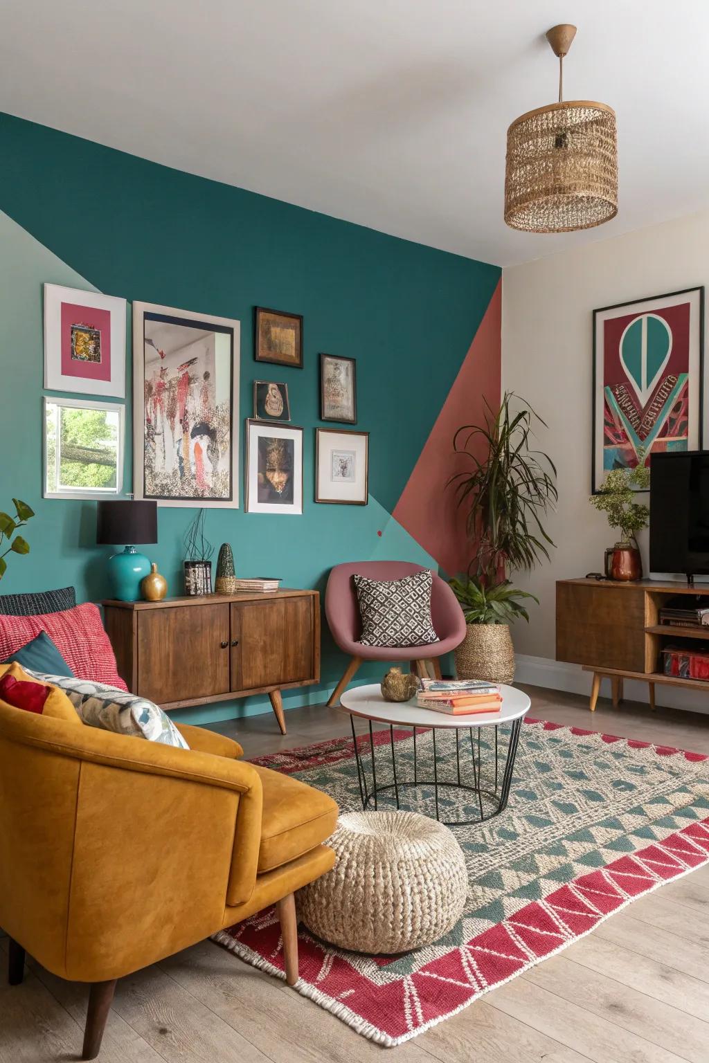 Two-tone walls redefine this living room with unexpected creativity and delight.