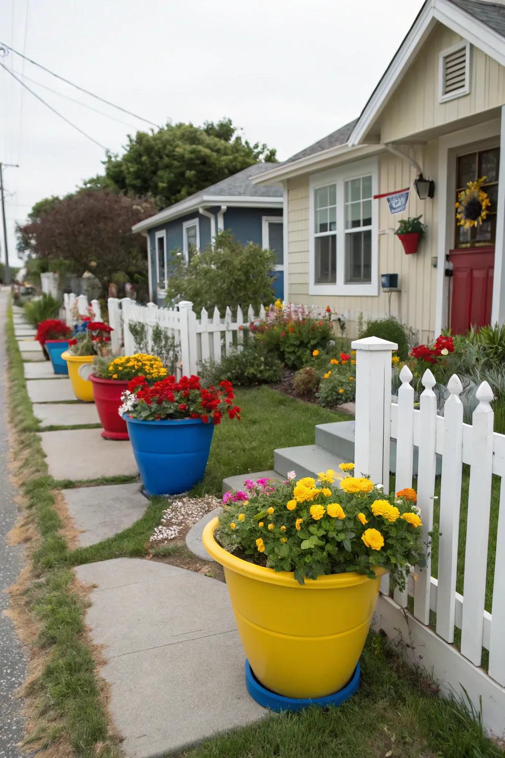 Bright pots adding energy to a modern front yard.