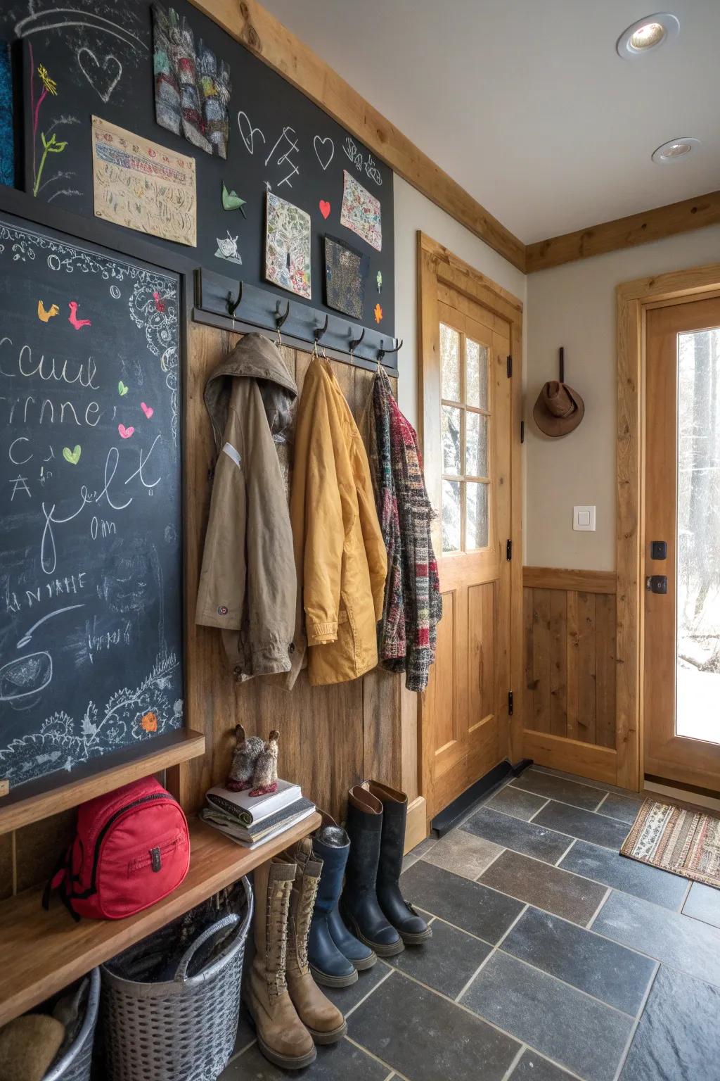 A writing board wall adds fun and functionality to your mudroom.