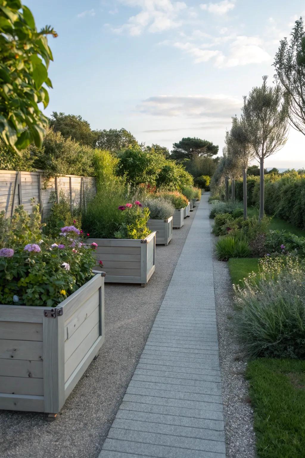 A garden path with multi-functional elements, blending charm with practicality.