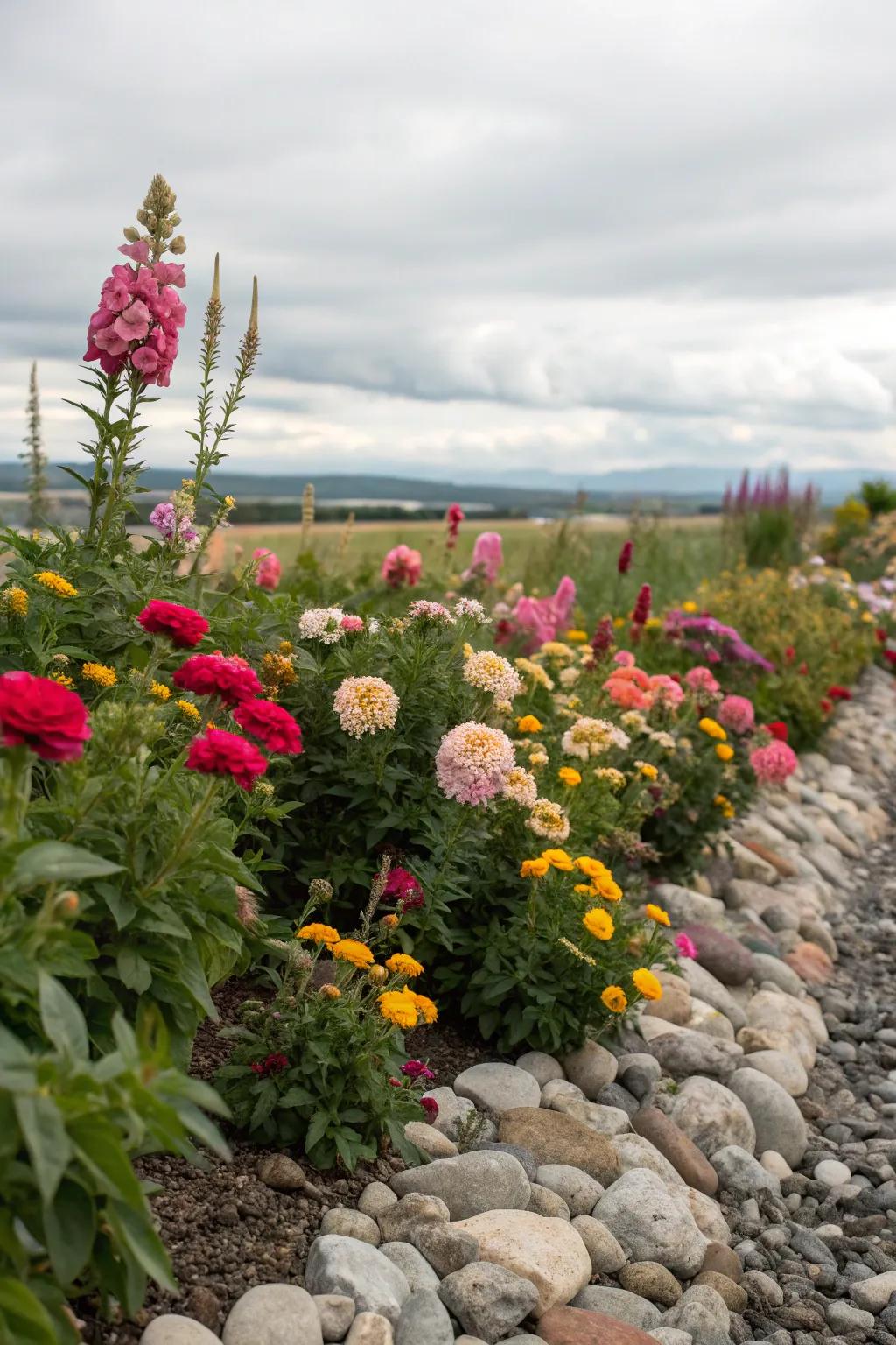Rock rims furnish definition and contrast to vibrant blossom plots.