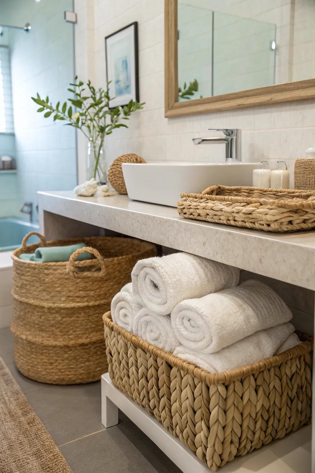 Woven baskets offer a chic method to display towels.