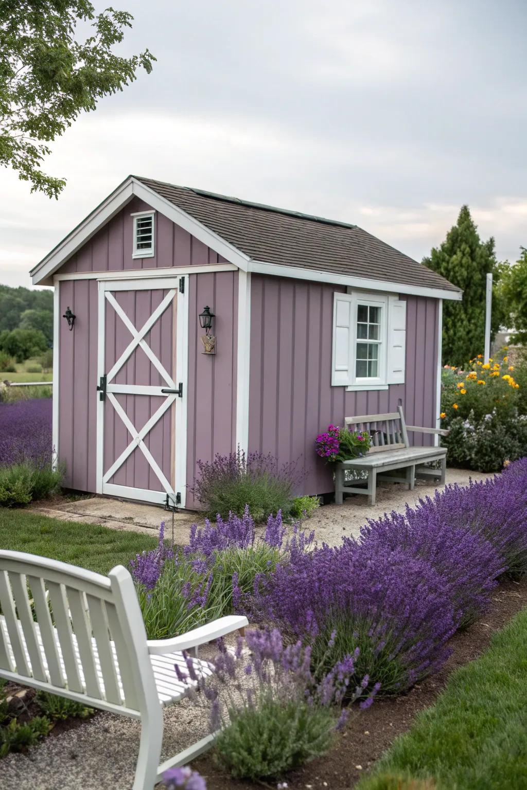 A muted lavender shed, offering a peaceful garden retreat.
