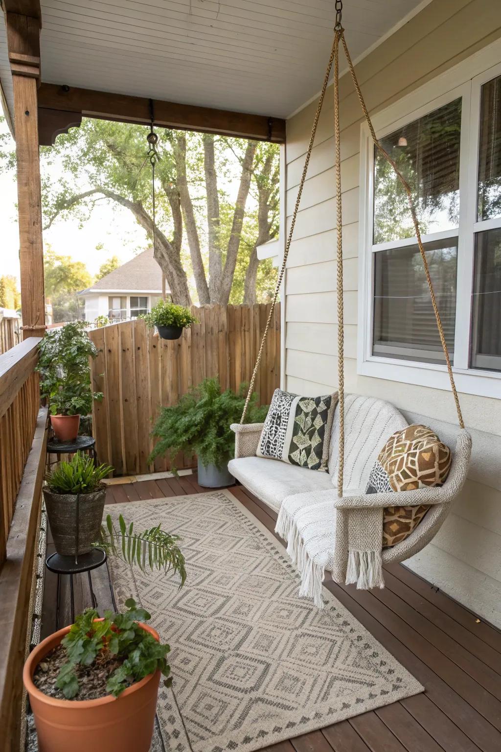 A small front porch featuring a charming swing chair, inviting relaxation and leisurely moments.