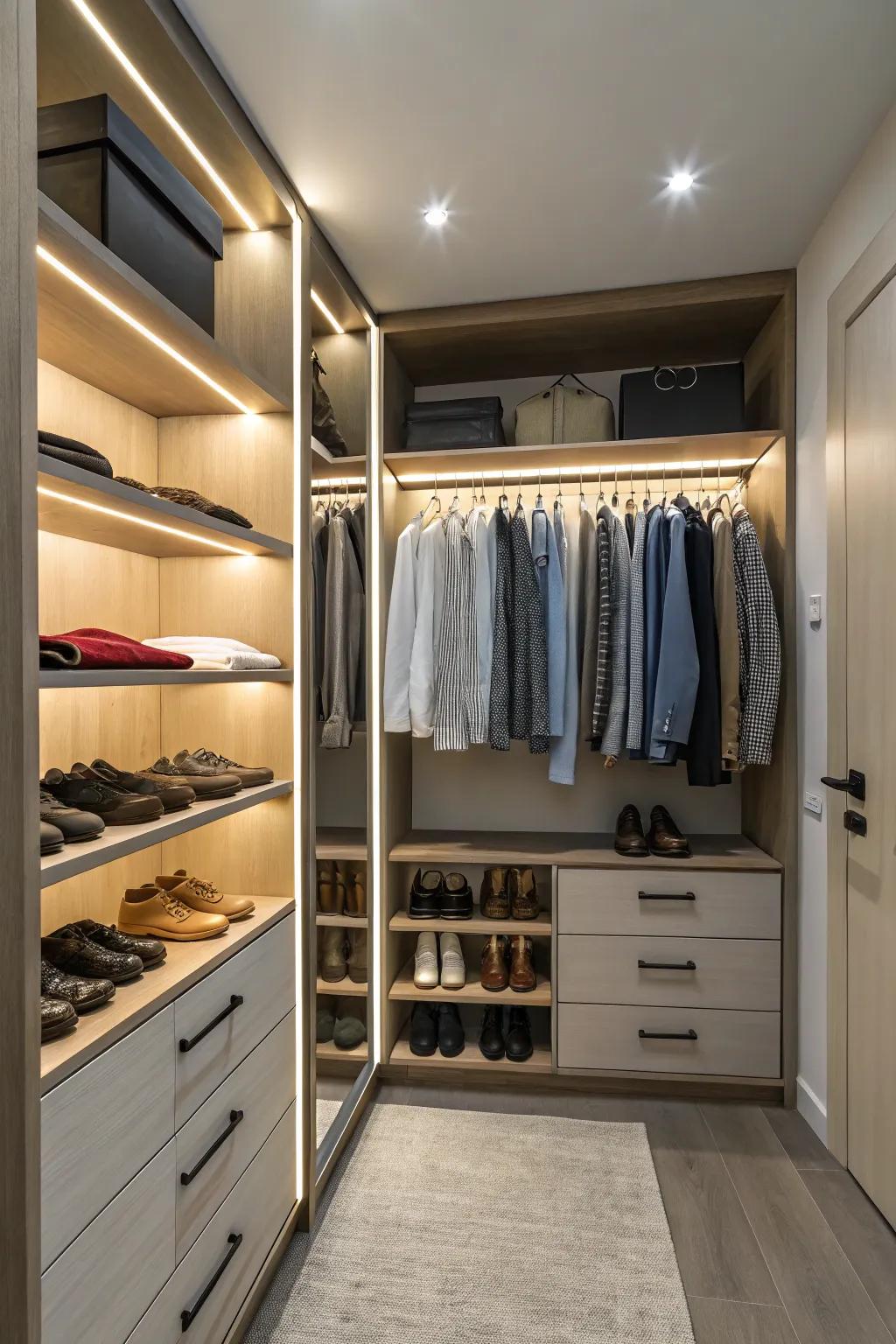 Integrated lighting highlights your wardrobe elegantly.