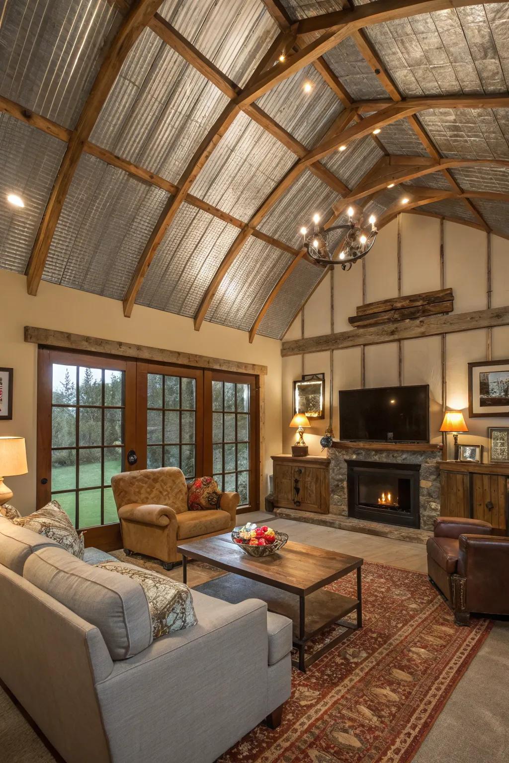 Unconventional substances fashion a singular and captivating ceiling within this living space.
