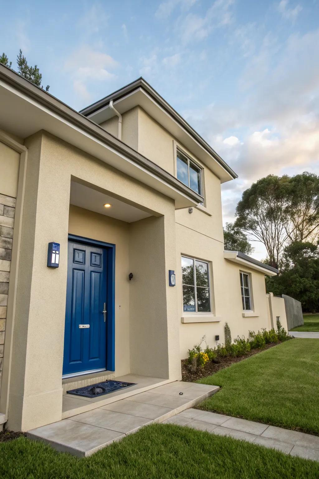 Ultramarine front door creates a bold statement against a beige house.
