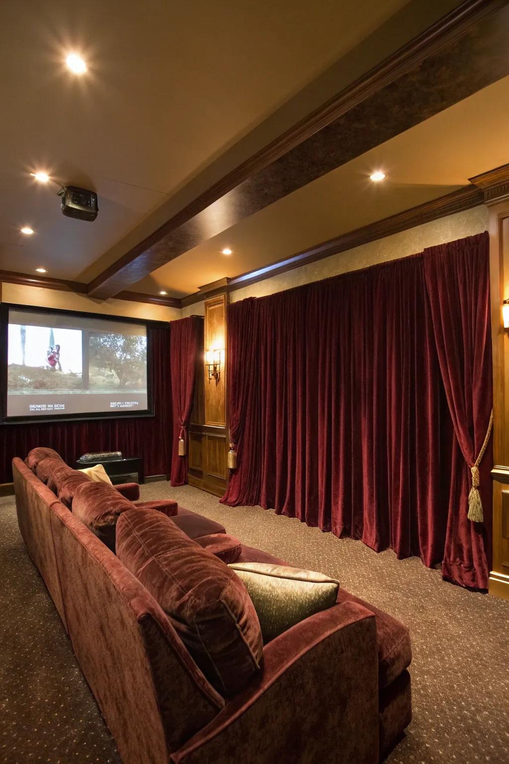 Fiber drapes contribute a luxurious touch to your movie space.
