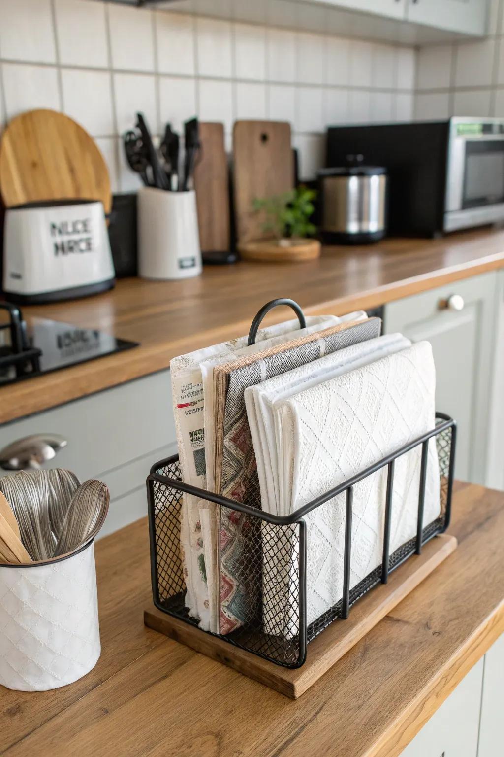 Magazine racks creatively repurposed for organizing napkins neatly.