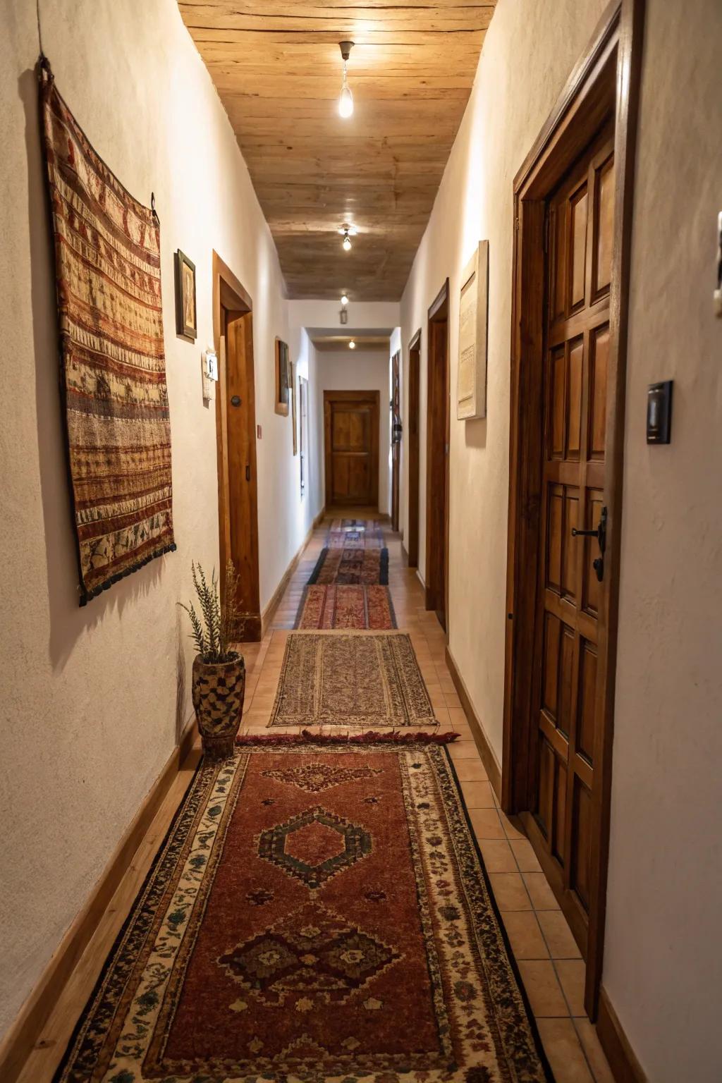 Layered carpets contribute warmth, texture, and visual elongation to a narrow hallway.